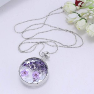 Hot Fashion Crystal Round Glass Silver Chain Lavender Dried flowers Pendant Necklaces Women