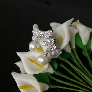 Exquisite Wedding Decoration 925 Sterling Silver Zircon Bowknot Pearl Earring