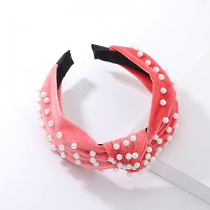 WENZHE Retro velvet knot headband with White Pearl Hair Band