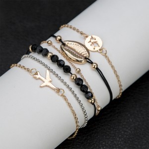 New Fashion Gold Plated Shell Airplane Bead Chain Map Bracelet Set Couple Bracelets 6pcs/Set