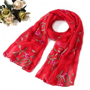 WENZHE 170*75cm Women Lightweight Pure color Embroidered Flower Scarf Chiffon Shawl