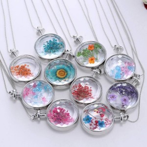 Hot Fashion Crystal Round Glass Silver Chain Lavender Dried flowers Pendant Necklaces Women