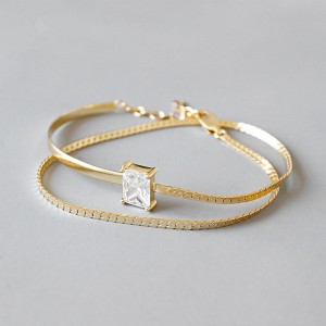 Fashion Minimalism Style 925 Sterling Silver Gold Bangle White Zircon Bracelet