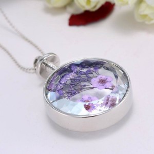 Hot Fashion Crystal Round Glass Silver Chain Lavender Dried flowers Pendant Necklaces Women
