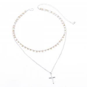 Latest Design Gold Glass Beads Chain Multilayer Cross Pendant Necklace For Women