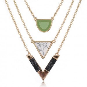 V Shape Gold Link Chain Geometry Gemstone Pendant Multilayer Layered Necklace