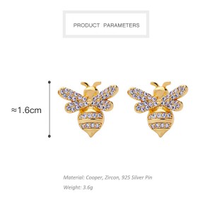 New New York Exquisite Mini Earrings Cute Zircon Hardworking Bee Silver Stud Earring