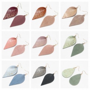 European and American Multicolor Gold Plated Genuine Leather Leaf Earrings