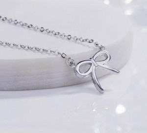 Factory Price Jewelry Silver CZ Pave Mini Ribbon Bow Necklace Valentine Gift