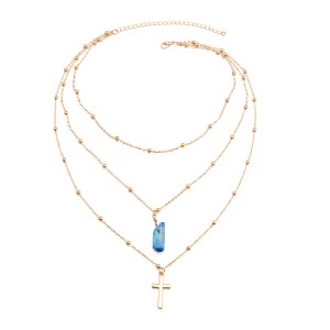 Fashion Multilayer Natural Crystal Stone Gold Cross Necklace Wholesale