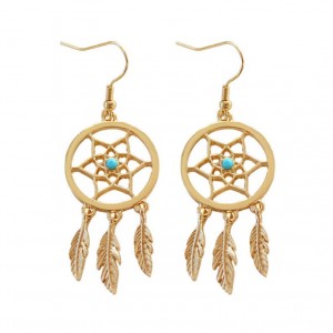 Gold plated jewelry ladies fashion feather dreamcatcher drop earrings