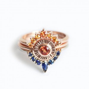 Sunset Ring Set Sapphire Engagement Set Two Matching Bands and a Solitaire