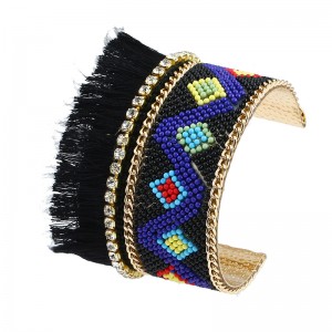 Fashion Jewelry Bohemian Style Irregular Geometric Patterns Tassel Seed Beads Boho Cuff Bracelet