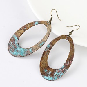 Vintage Copper Blue Patina Oval Hollow Dangle Earring