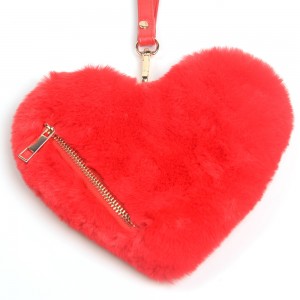 WENZHE Red Cute Faux Fur Heart Shaped Pocket Purse HandBags