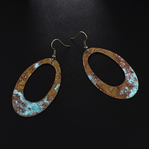 Vintage Copper Blue Patina Oval Hollow Dangle Earring