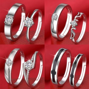 European and American fashion open couple ring female Korean version of zircon six-claw crown wedding ring