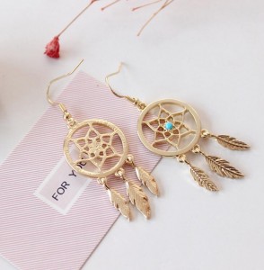 Gold plated jewelry ladies fashion feather dreamcatcher drop earrings