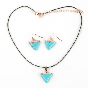 WENZHE New Style Women Black Cord Triangular Turquoise Pendant Necklace Earring Jewelry Set