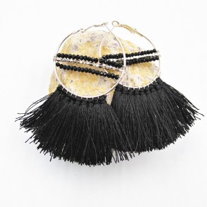 New Models Ladies Earring Black Silk Thread Tassel Beads Hoop Earrings