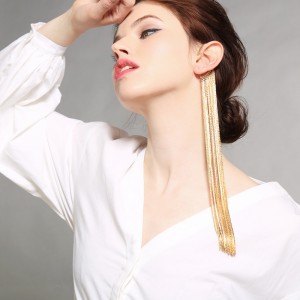 Personality exaggerated long section banquet dress ear hooks single earring long gold tassel earring