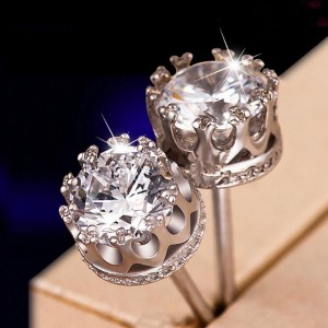 Custom Fashion Jewelry 925 Sterling Silver Crown Stud Diamond Earrings