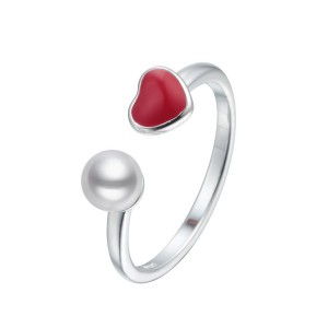 WENZHE Wholesale Jewelry Red Heart S925 Sterling Silver Pearl Open Ring