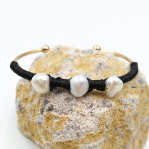 Newest Design Gold Plated Pearl Black Rope Wire Wrap Cuff Bracelet