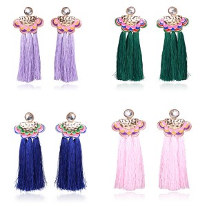 Latest New Trendy Fashion Jewelry Crystal Stud Pink Rope Silk Tassel Earrings