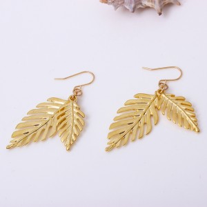 New Trendy Creative Gold Double Layered Leaves Alloy Drop Earring For Women