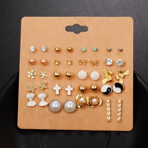 New Style Jewelry Women 20 Pairs Stud Earring Set Mixed Cross Bowknot Star Pearl Gold Jewelry Set