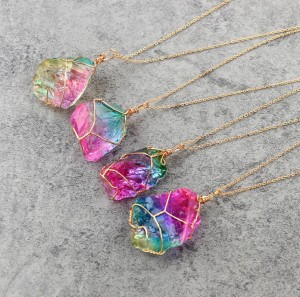 Rainbow Quartz Crystal Necklace Metallic Aura Quartz Stone Point Pendant Boho Style Necklace Women