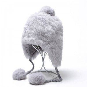 WENZHE Ladies Winter Rabit Fur Earflap Hats With Fur Pompom Balls For Women