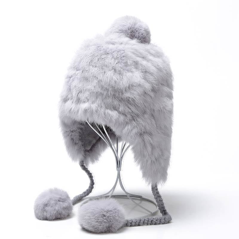 WENZHE Ladies Winter Rabit Fur Earflap Hats With Fur Pompom Balls For Women Featured Image