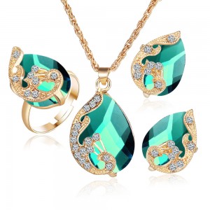 Plated gold Austrian crystal drop peacock three-piece kit pendant necklace earrings ring set women