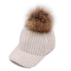 WENZHE Fur Ball Pompoms Warm Cap Women Corduroy Hat Winter Baseball Caps