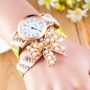 Ethnic style gradient color pearl bow woven love watch