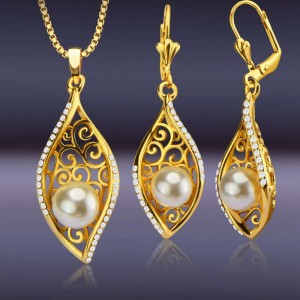 Fashion bride pearl copper plated 18K gold zircon leaves hollow Dubai necklace earrings two-piece jewelry set