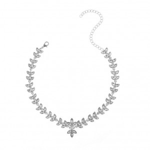 Art Deco Style Silver Plated Crystal Leaf Bridal Jewelry Choker Necklace