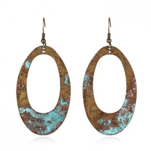 Vintage Copper Blue Patina Oval Hollow Dangle Earring