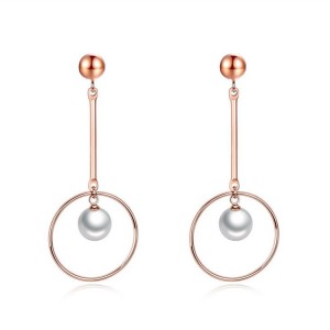 Simple Style Stainless Steel Rose Gold Plated Hollow Circle Pearl Tassel Drop Earrings