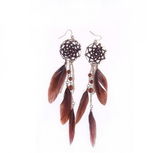 Handmade bohemia dreamcatcher long crystal bead tassels feather earrings