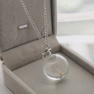 Hand made customized heart shaped natural dandelion Necklace dry flower pendant double-sided gem Glass Necklace