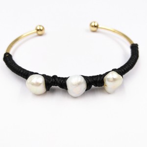 Newest Design Gold Plated Pearl Black Rope Wire Wrap Cuff Bracelet