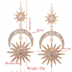 Fashion Gold Plating Alloy Rhinestone Sun Moon Shaped Tassel Drop Earrings