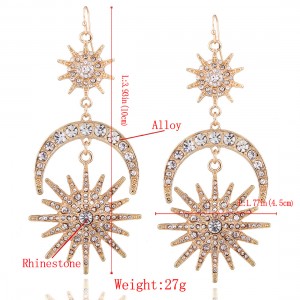 Fashion Gold Plating Alloy Rhinestone Sun Moon Shaped Tassel Drop Earrings