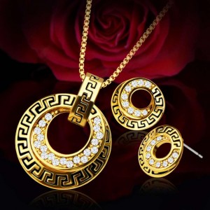 Fashion women’s copper plated 18K gold round spiral pattern retro earrings necklace jewelry set