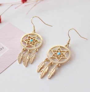 Gold plated jewelry ladies fashion feather dreamcatcher drop earrings