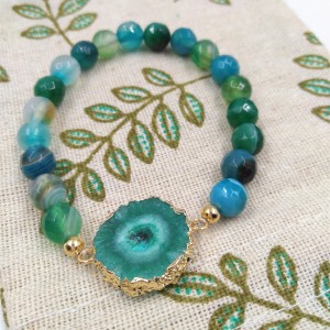 Hot Sale Gold Plated Irregular Druzy Natural Stone Green Agate Beads Bracelet