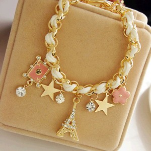 Fashion five-pointed star flower playing card A Paris Eiffel Tower crown leather rope woven bracelet anklet